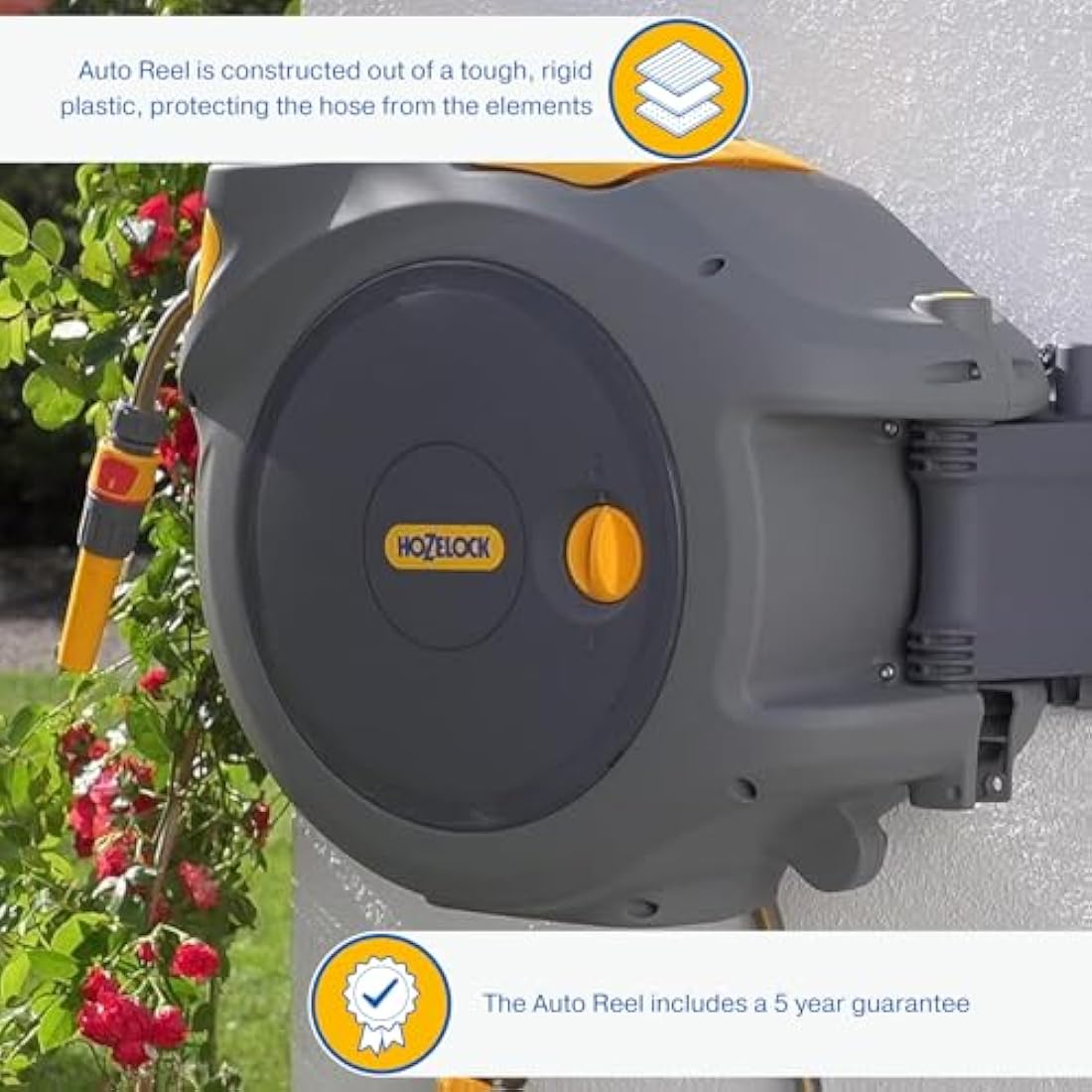 HOZELOCK - Auto Reel Wall-mounted 40m: Easy to Install, Child-lock, Auto-rewind, Ready-to-use with Nozzle, Fittings, Hozelock Hose and Accessories Included 5 Year Guarantee* [2595R8000]