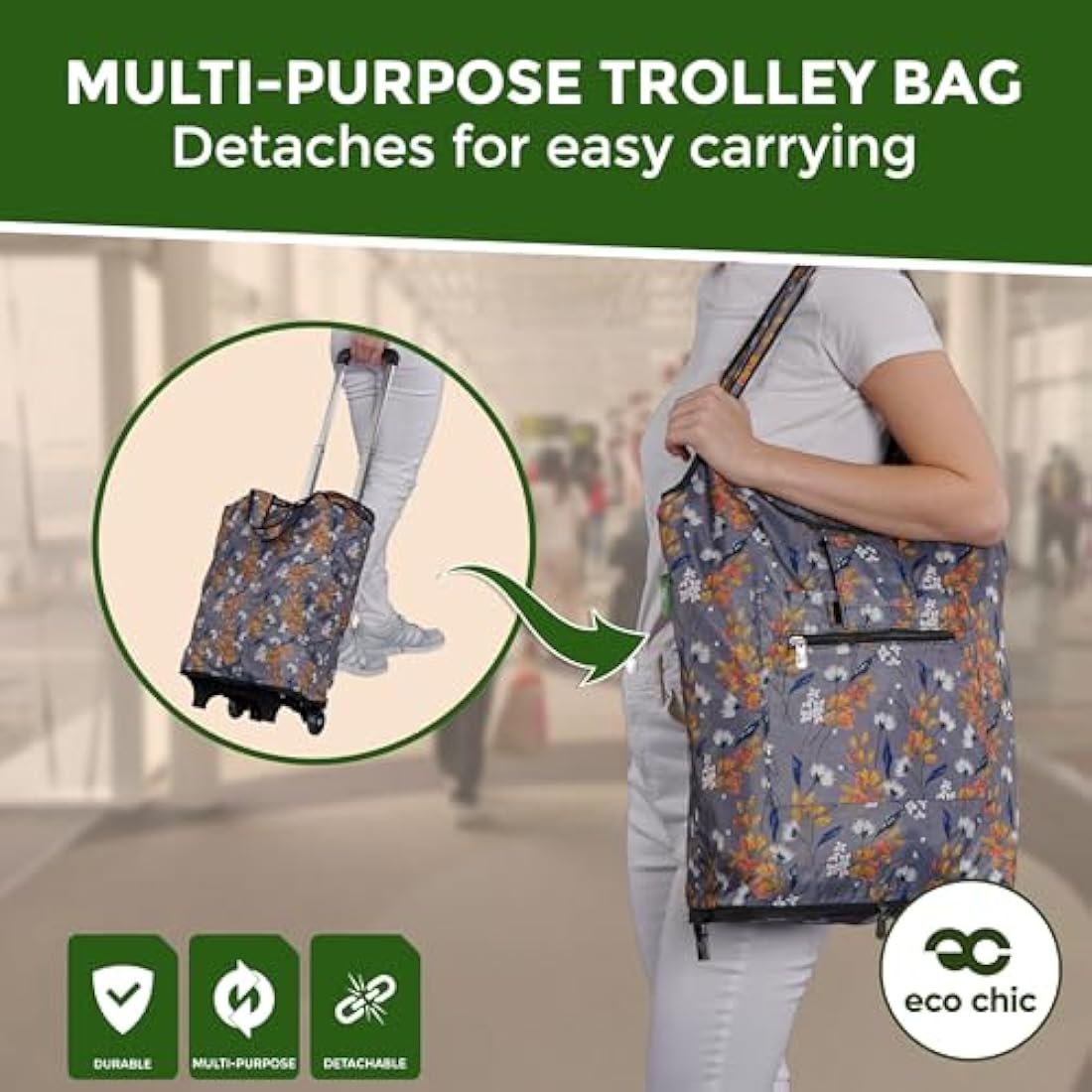 Eco Chic Lightweight Collapsible Shopping Trolley with Detachable Grocery Tote Bag (Bumble Bee Blue)