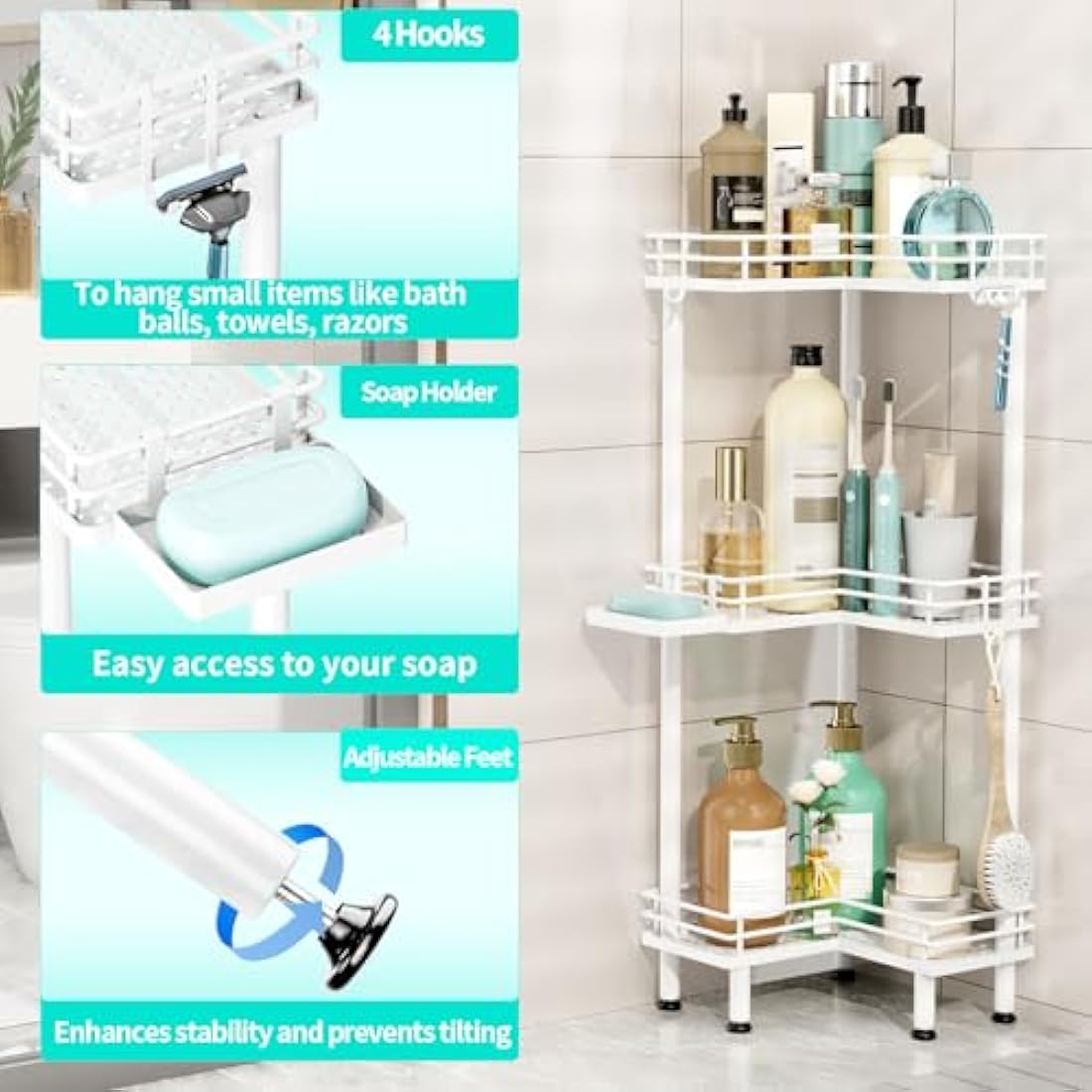 HapiRm Freestanding Shower Caddy Corner - 3 Tier Shower Storage with Soap Holder, Stainless Steel Corner Bathroom Storage with 4 Hooks for Shampoo, Tall Floor Bathroom Caddy Freestanding