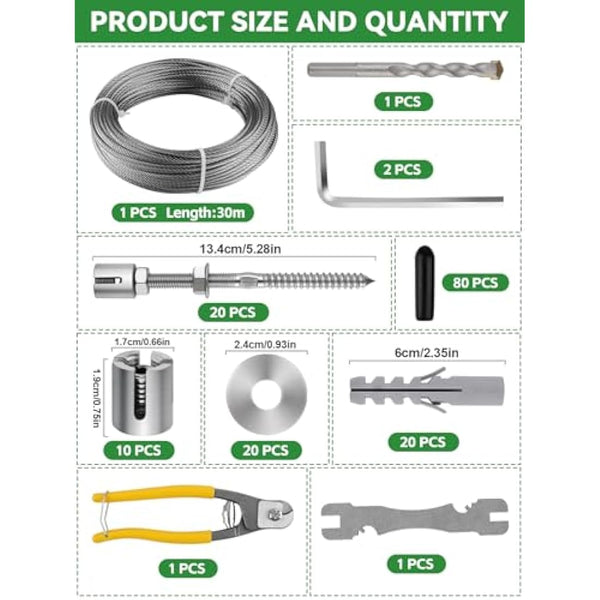 Kalolary Garden Wire Trellis for Climbing Plants, 30M Stainless Steel Heavy Duty Wire Trellis Kit Wall Plant Climbing Steel Wire Rope Cross Clamp Cable Trellis System Kit for Flower Vines Vegetable