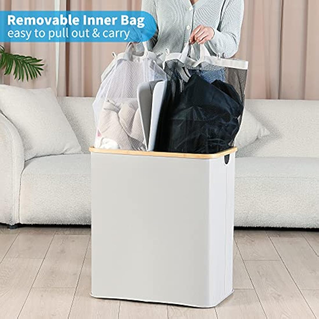 efluky 140L Laundry Baskets with Lid 2 Compartments, Large Laundry Hamper, Double Laundry Basket Laundry Storage with 2 Removable Bags, Light Grey