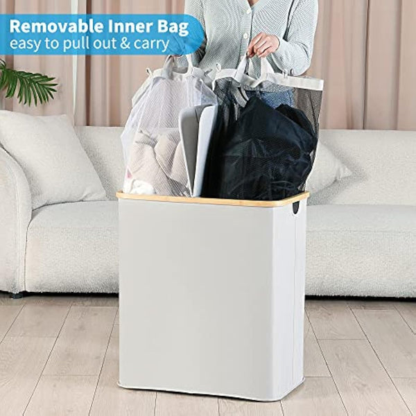 efluky 140L Laundry Baskets with Lid 2 Compartments, Large Laundry Hamper, Double Laundry Basket Laundry Storage with 2 Removable Bags, Light Grey
