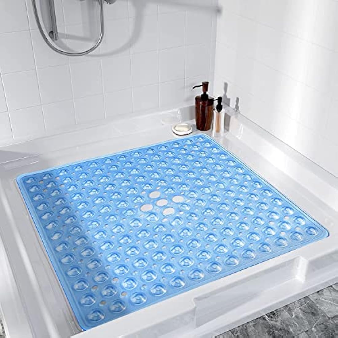 MOONLIGHT20015 Square Shower Mat Non Slip Anti Mould - 53x53cm Rubber Bath Mat PVC Shower Mats for Inside Shower with Strong Suction Cups Grip and Drain Holes - Soft Touch Machine Washable (Blue)