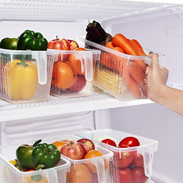 Kurtzy 4 Pack Kitchen Fridge & Cupboard Storage Containers with Handles - 32cm/12.6 Inches Overall Length - Clear Plastic Refrigerator Tubs for Bathroom, Pantry, Drawer, Freezer and Home
