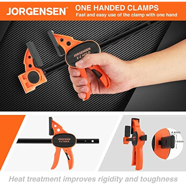 JORGENSEN 150 mm Woodworking Clamps 4-Pack, Splicable to 400 mm Ratchet Bar Clamps, Quick Release Clamp Set, 290 mm Spreader, One Handed Wood Clamp, Max 68 kg Load Limit