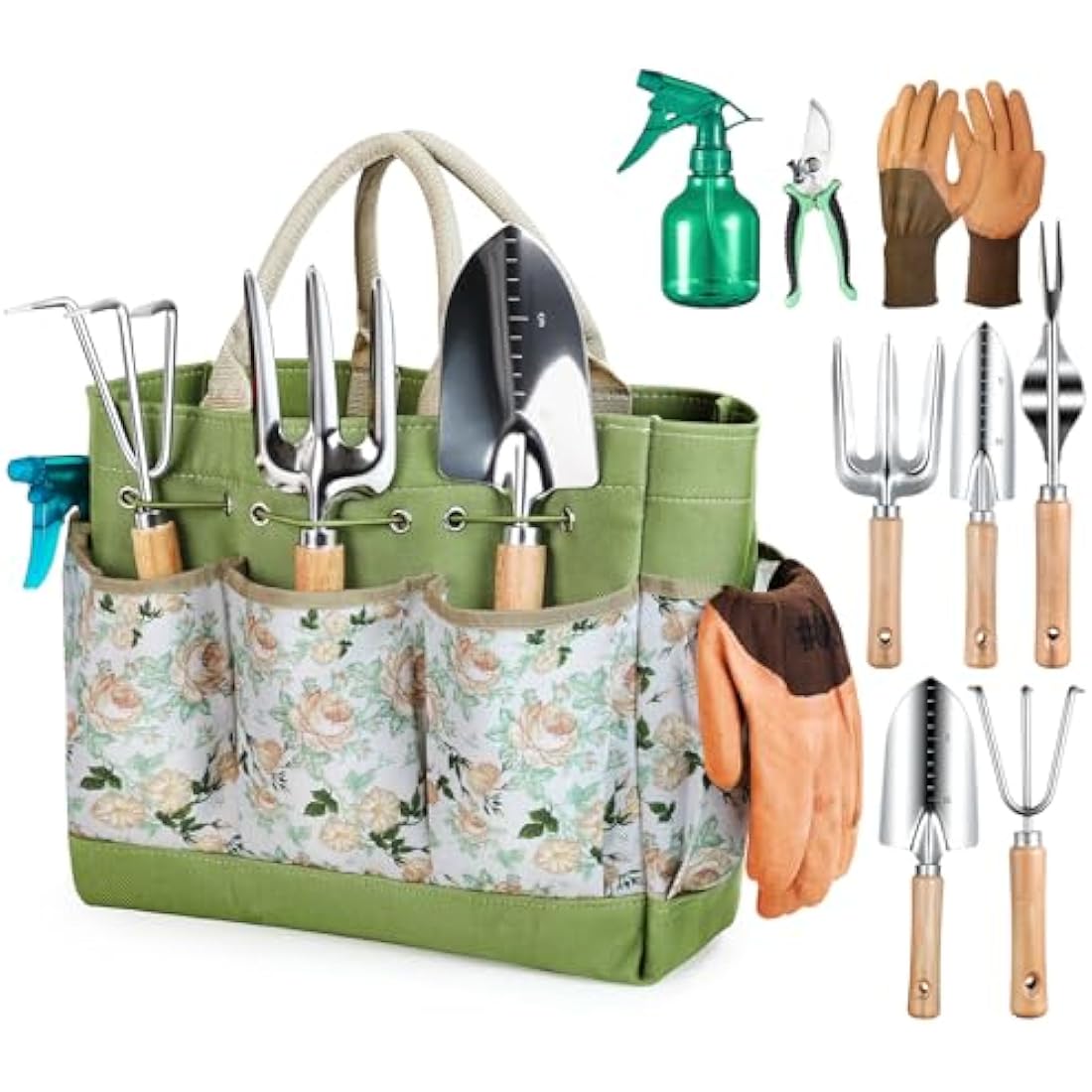 Heavy Duty Garden Tools Set, 9-Piece Stainless Steel Rust-Proof Gardening Kit with Non-Slip Ergonomic Handles & Durable Storage Tote Bag, Gardening Gifts for Women Men, Indoor/Outdoor Plant Tools