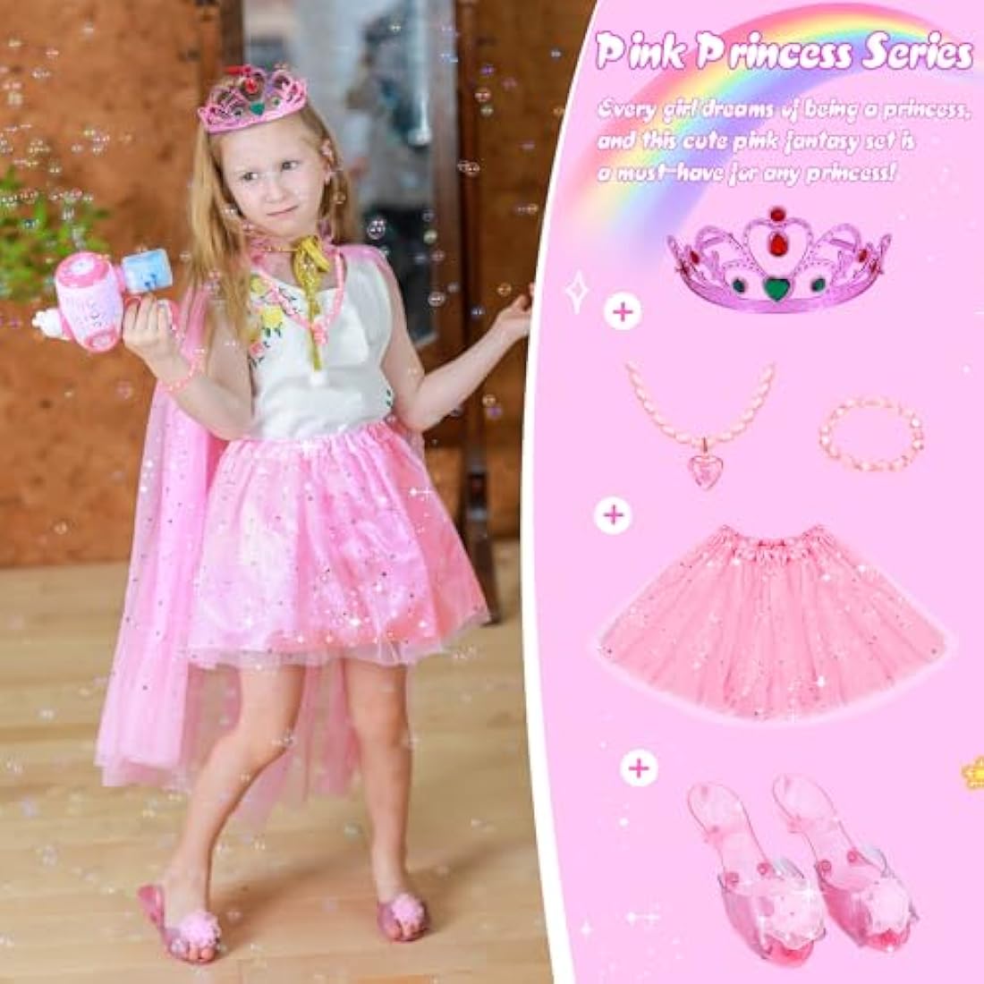 Princess Dress Up Shoes - Girls Princess Toys Costume with 3 Crowns Tiaras, 3 Pairs of Play Shoes, 3 Skirts Princess Accessories for Girls Birthday Gifts for Kids