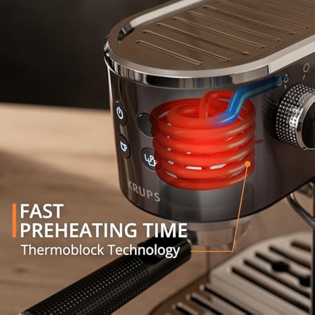 Krups Virtuoso + Pump Espresso Machine, Sleek Compact Design, Auto Flow-Stop, Espresso and Cappuccino Maker, Black Stainless Steel, XP444GG0