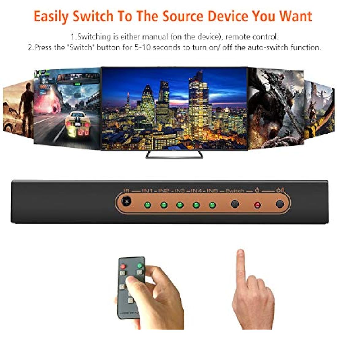 Sense Hometek HDMI Switch 4k, 5-in-1 HDMI Splitter with IR Remote, 4K 60hz, HDCP 2.2, UHD, HDR for Compatible Devices