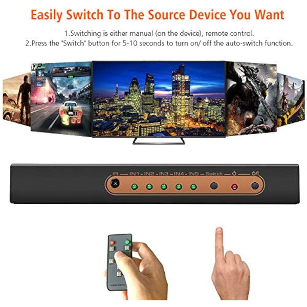Sense Hometek HDMI Switch 4k, 5-in-1 HDMI Splitter with IR Remote, 4K 60hz, HDCP 2.2, UHD, HDR for Compatible Devices