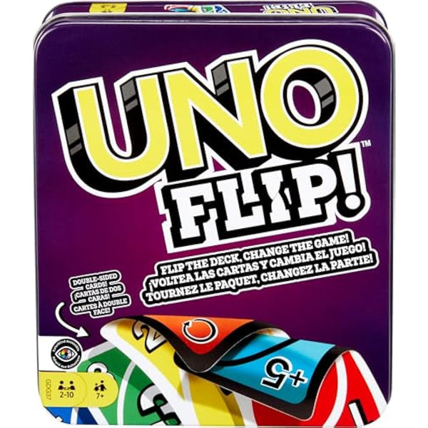 Mattel Games UNO FLIP! Family Card Game, with 112 Cards in a Sturdy Storage Tin, Makes a Great Gift for 7 Year Olds and Up, GDG37