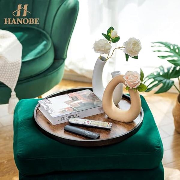 Hanobe Large Serving Tray Round: Decorative Coffee Table Tray for Ottoman Centrepiece Decor - Rustic Wooden Candle Platter for Dining Living Room Footstool 45 cm