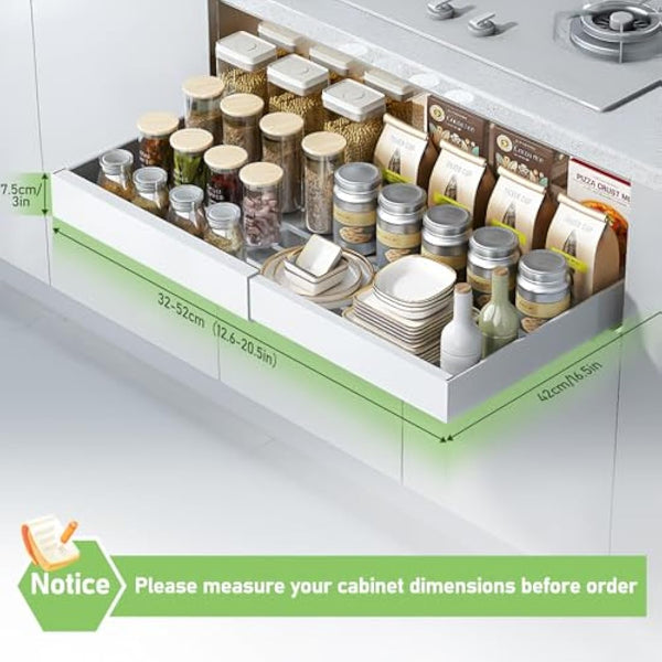HumiLuft 2PCS Pull Out Cabinet Organiser, 32-52cm Extendable Slide Out Kitchen Drawer Adhesive,Upgrade 3-Rails Slide Drawers Storage Shelves with Rail System for Kitchen Base Cabinet Organization