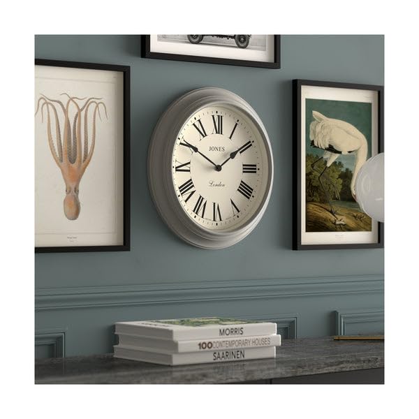 Jones Clocks Supper Club wall clock | Large classic round clock | 40cm | Mid grey | Roman numerals |Traditional design ideal for kitchen or living