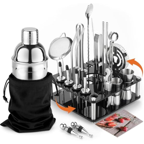 KINGROW Mixology Cocktail Shaker Set - Complete 29-Piece Bartender Kit and Bar Tools with Acrylic Rotating Stand, Professional Bar Set for Drink Mixing, Home, Bar, Party (Sliver)