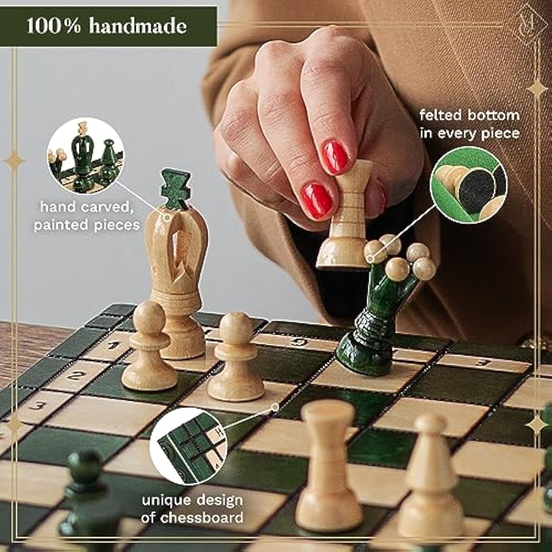 GREAT KINGDOM Chess and Checkers Set | Master of Chess Green Chess Set | Chess Board 35cm Chess Set for Adults and For Kids - Handmade Portable Chess and Drafts/Draughts Set