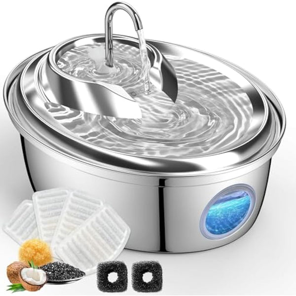 GoldenSun Cat Water Fountain, 118oz/3L Stainless Steel Pet Water Fountain Inside, Automatic Dog Drinking Fountain with Water Level Visual Window for Cats and Small Dogs