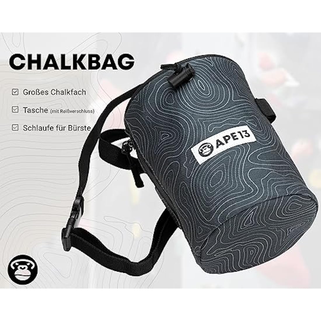 APE13® Chalk Bag zum Klettern und Bouldern (als Set & Einzeln) - inkl. Gurtband, Tasche, Halter für Bürste - Boulder Beutel für Magnesium - Kletter Chalkbag groß für Kalk/Kreide/Magnesia