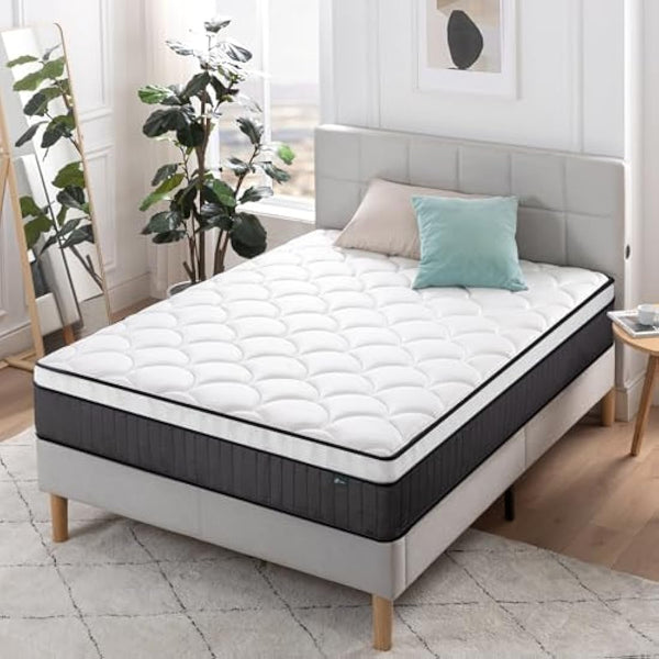 Zinus Double Mattress - Spring & Memory Foam Mattress - 135x190cm/4.4x6.2ft -Height 25cm/10in - Medium Firmness -Skin-friendly Hybrid Mattress -Body Support Orthopaedic Sprung Mattress -Designed in UK