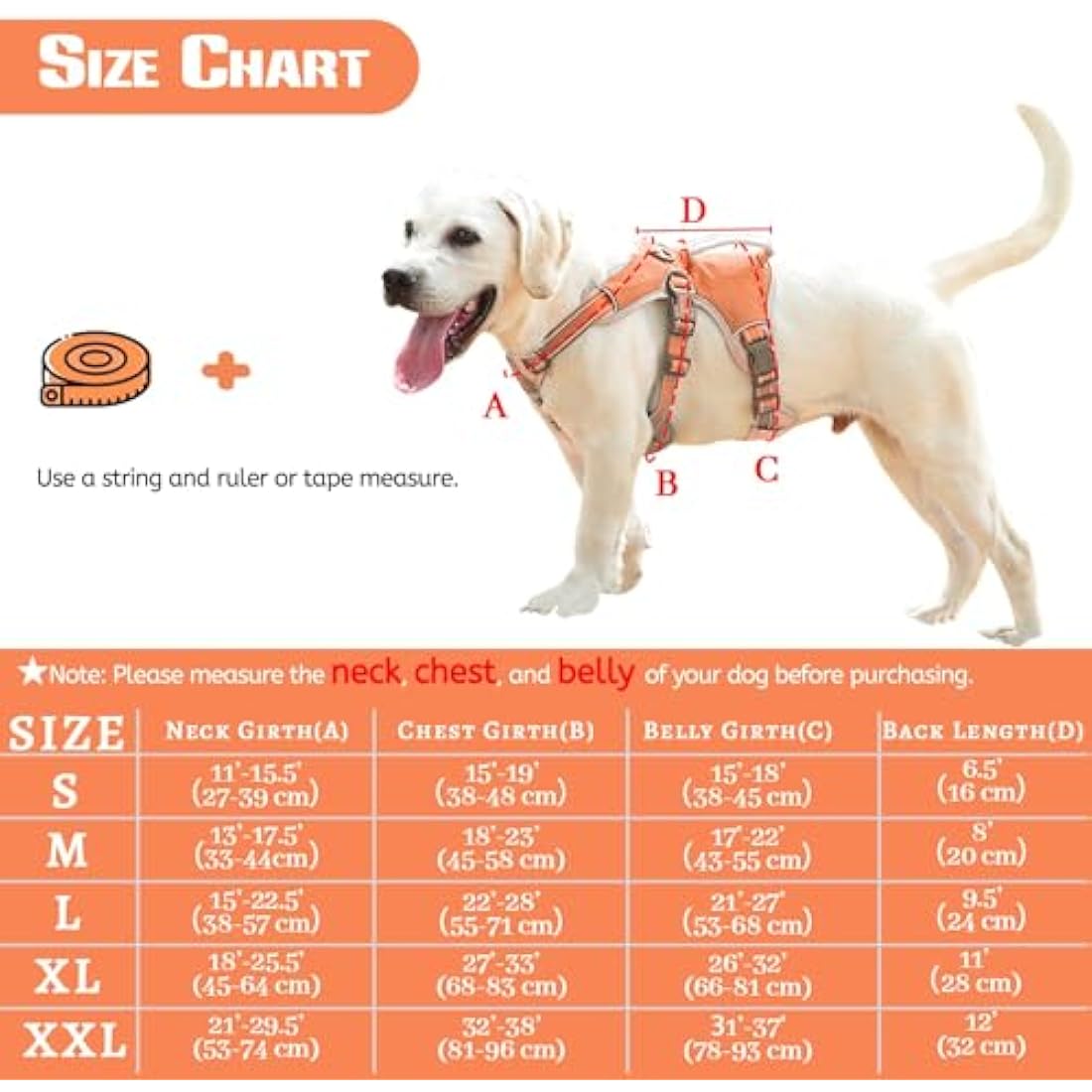 BELPRO Multi-Use Support Dog Harness, Escape Proof No Pull Reflective Adjustable Vest with Durable Handle, Dog Walking Harness for Big/Active Dogs (Orange, S)