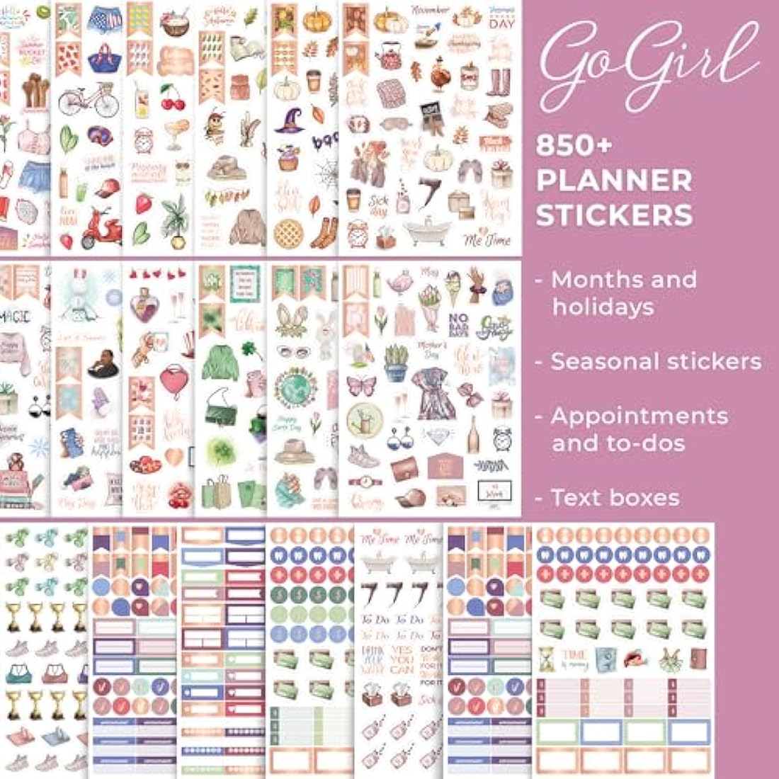 GoGirl Value Sticker Pack – 850+ Small Aesthetic Stickers for Planner, Journal & Calendar – Holidays, Seasonal Stickers, Inspirational Quotes, to-dos, Appointments, Budgeting & Text Boxes – 19 Sheets