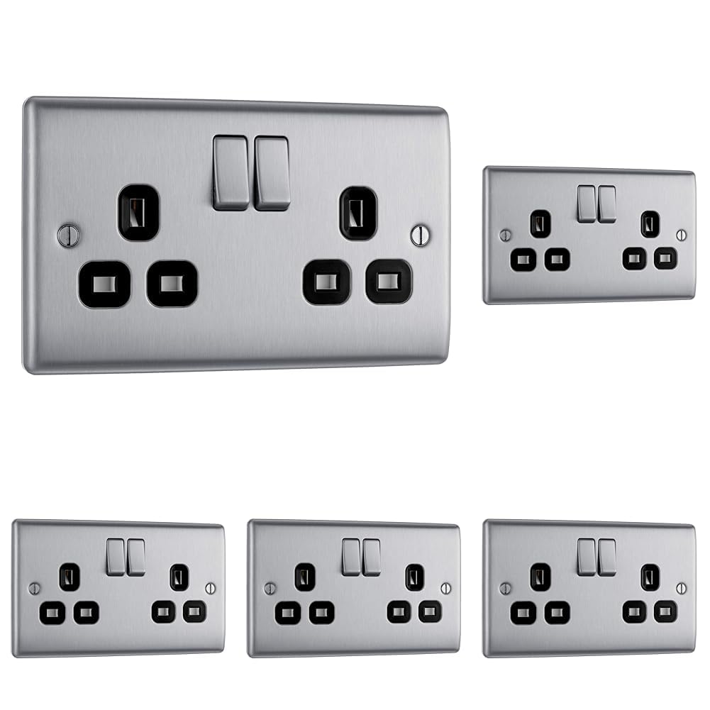 BG Electrical Cooker Switch with Socket and LED, Cooker Control Unit, Control Socket, Double Pole, Raised Profile, Round Edges, Nexus Metal, Brushed Steel, Grey Inserts, 45A, NBS70G