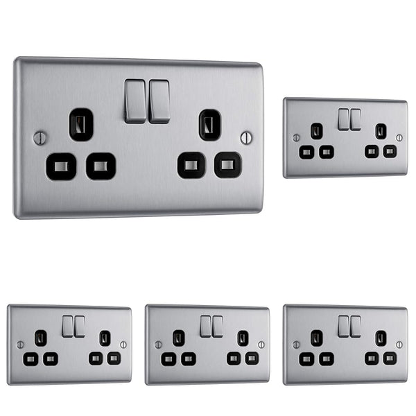 BG Electrical Cooker Switch with Socket and LED, Cooker Control Unit, Control Socket, Double Pole, Raised Profile, Round Edges, Nexus Metal, Brushed Steel, Grey Inserts, 45A, NBS70G