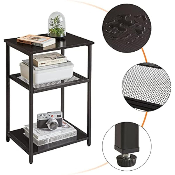 IBUYKE Side Table, 3-Tier End Table, Industrial Nightstand Small Table with Storage Shelf, Bedside Table for Bedroom, Living Room, Hallway, with Metal Frame, Black TMJ403B