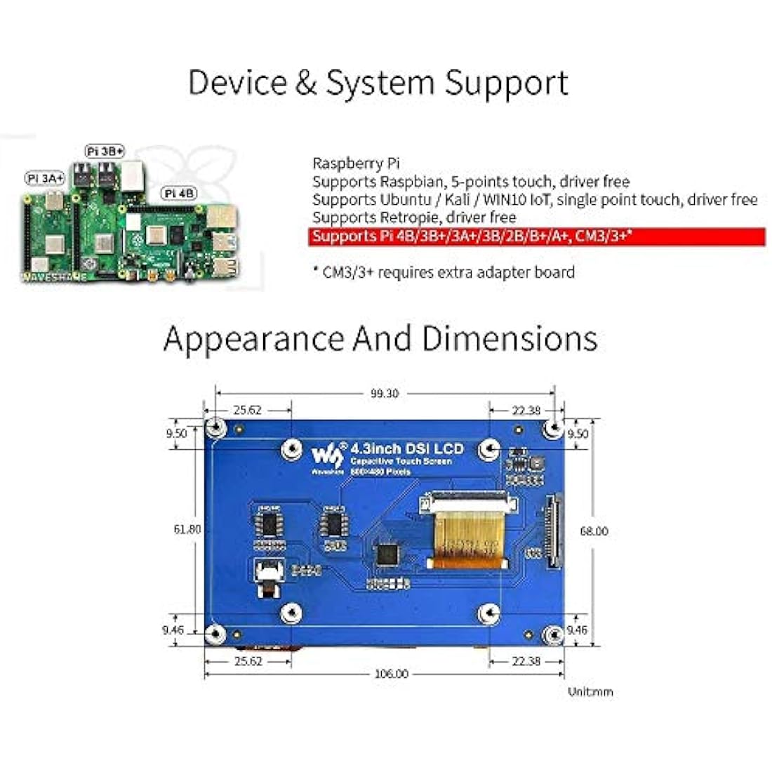 4.3inch DSI LCD Capacitive Touch Screen Display 800×480 Resolution IPS Wide Angle Monitor for Raspberry Pi 4B/3B+/3A+/3B/2B/B+/A+, Supports Ubuntu/Kali / WIN10 IoT
