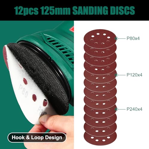 HYCHIKA Orbital Sander, 300W 13000RPM Random Orbital Sander, 6 Variable Speeds, 125mm 12Pcs Sandpapers, Electric Sander with Dust Collection Ideal for Sanding, Polishing Wood, DIY, Home Improvements