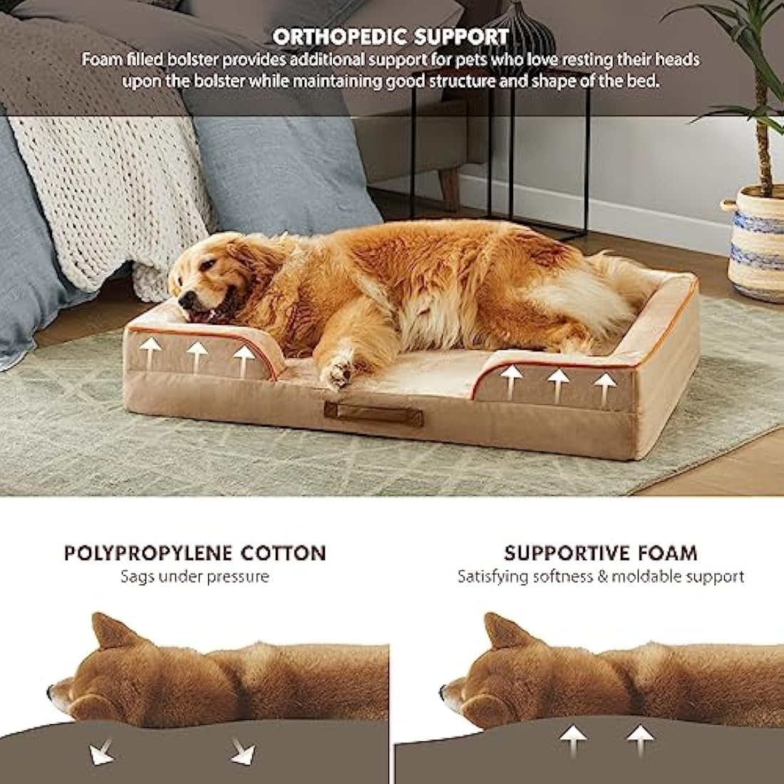 Codi Extra Large Memory Foam Layer Dog Bed, Washable Orthopedic Dogs Beds Couch with Removable Zipper Cover, Waterproof Pet Sofa with U-Shape Bolster, Khaki, 106x81x(8.9+8.9) cm