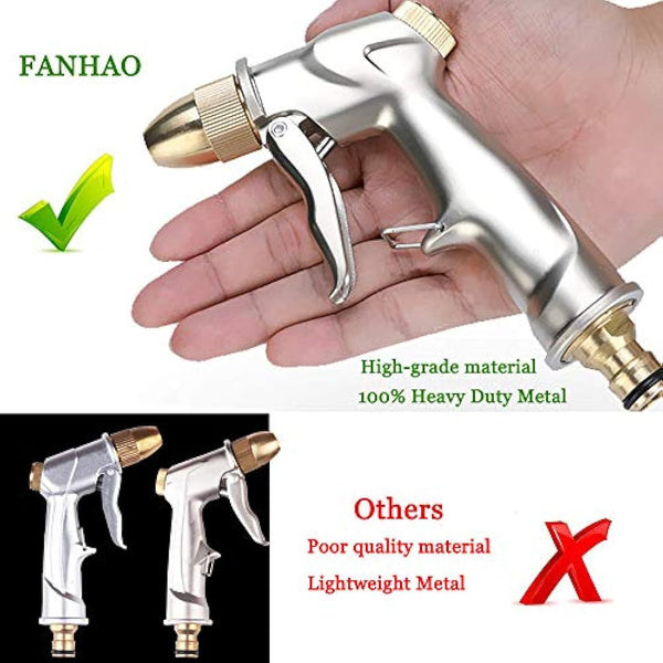 FANHAO Garden Hose Spray Gun with Full Brass Nozzle, 100% Heavy Duty Metal Water Gun, High Pressure Adjustable Spray Nozzle for Plants Watering, Cleaning, Car Washing and Pets Showering