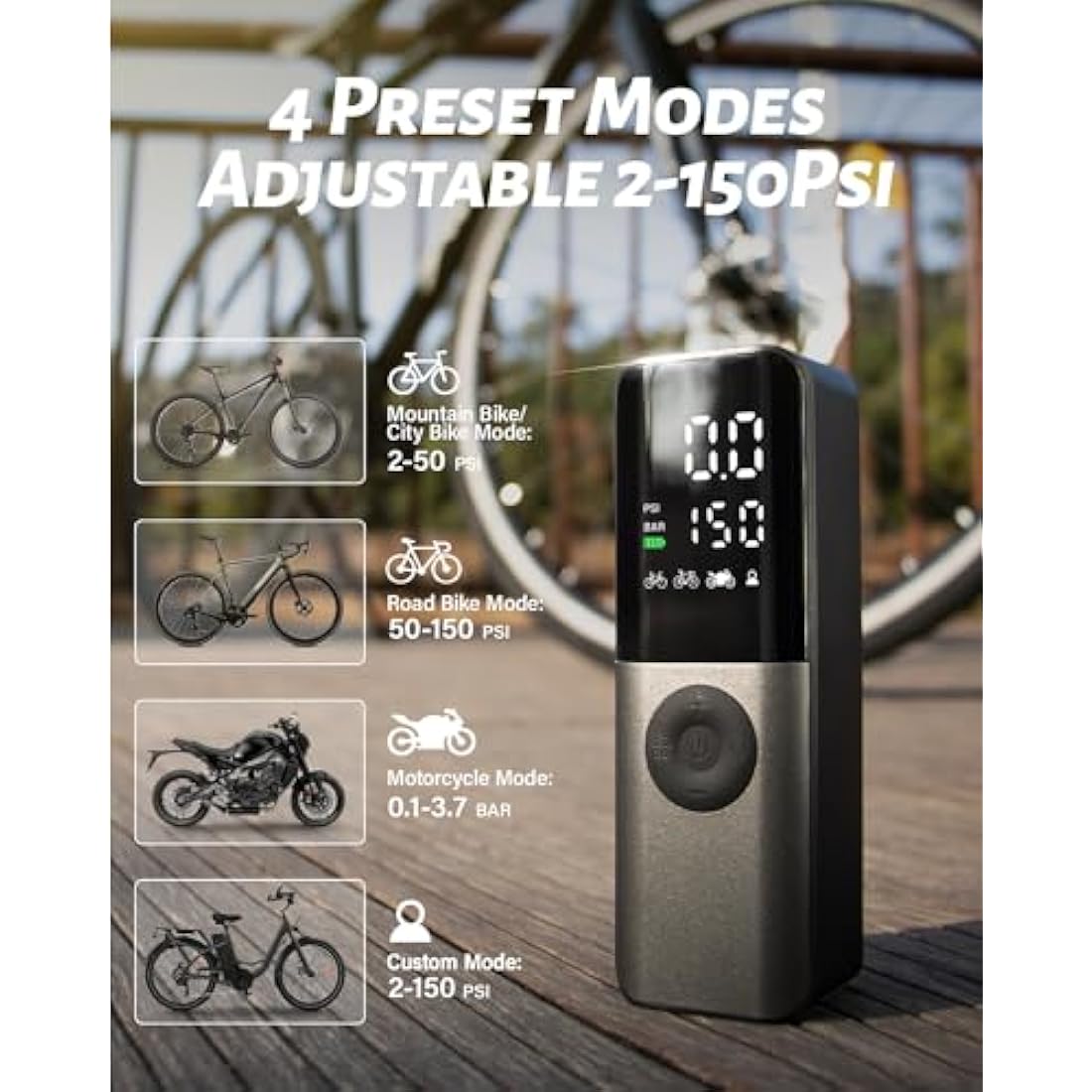 Electric Bike Pump, 150Psi Portable Bicycle Tire with Digital Pressure Gauge for E-Bike, Motorcycle with Presta, Schrader, Dunlop Valve Accessories