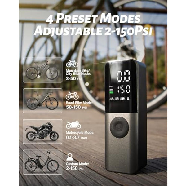 Electric Bike Pump, 150Psi Portable Bicycle Tire with Digital Pressure Gauge for E-Bike, Motorcycle with Presta, Schrader, Dunlop Valve Accessories