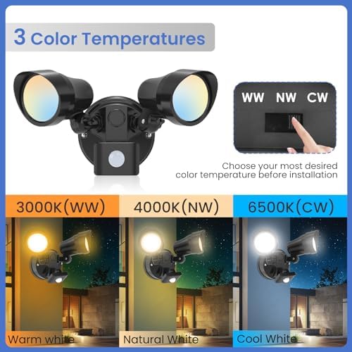 ALUSSO LIGHTING 25W LED Security Lights with Motion Sensor Outdoor 2000lm, Warm Neutral Cool White Adjustable Double PIR Sensor Wall Light IP54 Waterproof for Garden Yard Porch