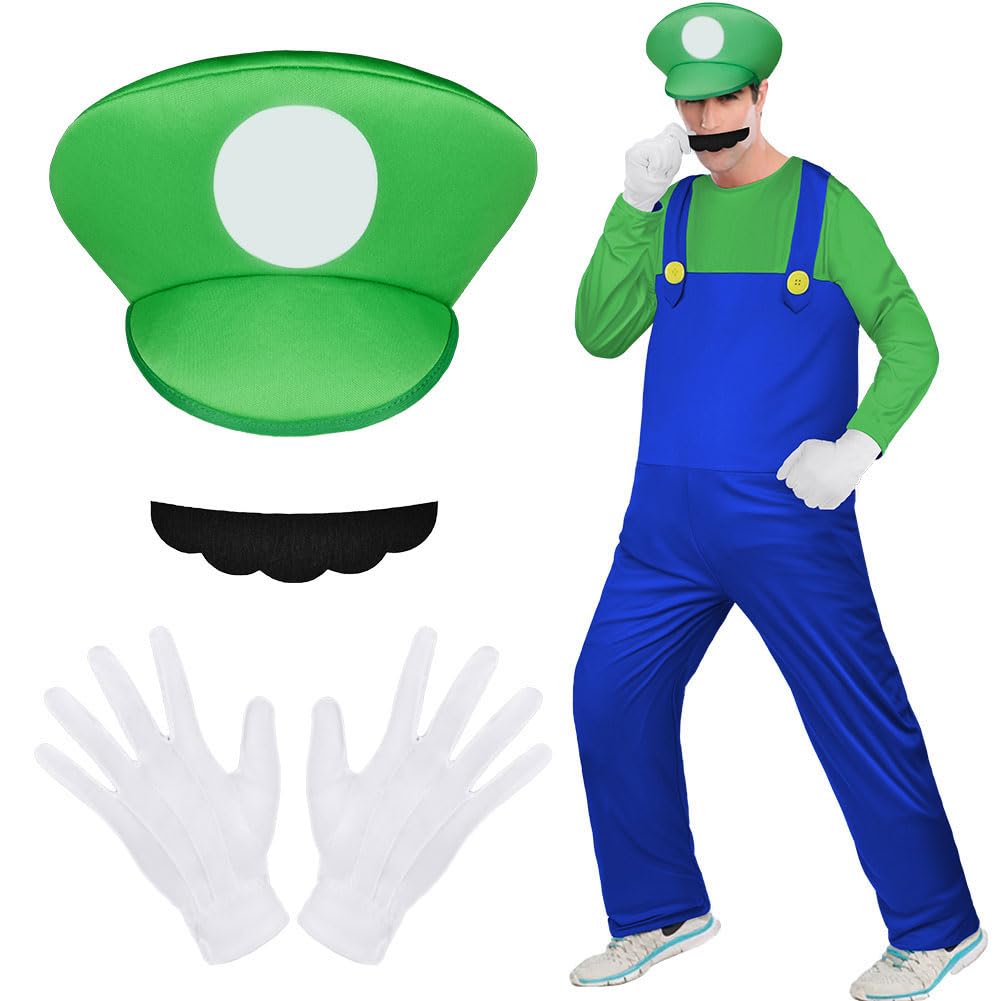 Aomig Mario Costumes, 4 Pack Mario Cosplay Costume Accessories Kits with Bodysuit, Luigi Hats Cap, Mustaches, White Gloves, Mario Luigi Bros Fancy Dress Outfit Costume for Women Men