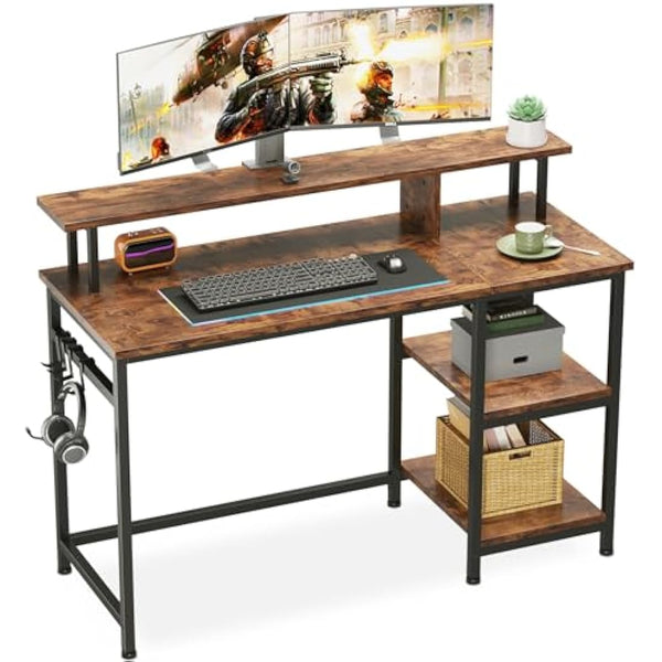 Dripex Computer Desk Home Office Desk with Monitor Stand & Storage Shelves Rustic Brown Work Writing Desk Gaming Table for Small Spaces (L107.5x W48x H95cm)