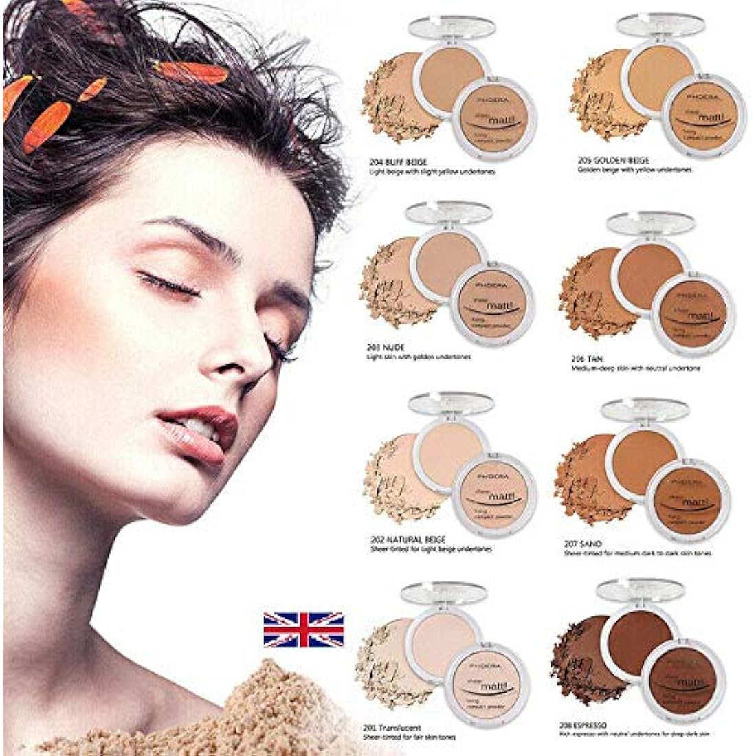 AQUAPURITY PHOERA Sheer Matte Compact Powder - Fixing Makeup Base Fixer Setting Powder Foundation Fix - Long Lasting Make Up Fixer - Skin Vitamin E Beauty Blender (206 TAN)