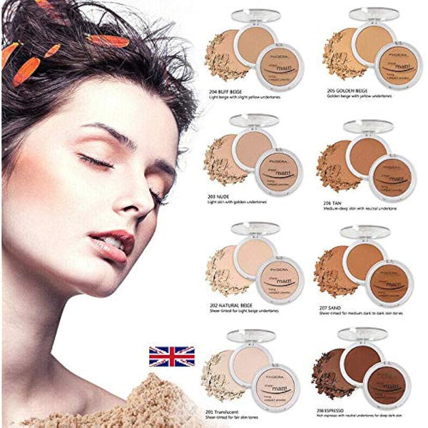 AQUAPURITY PHOERA Sheer Matte Compact Powder - Fixing Makeup Base Fixer Setting Powder Foundation Fix - Long Lasting Make Up Fixer - Skin Vitamin E Beauty Blender (206 TAN)