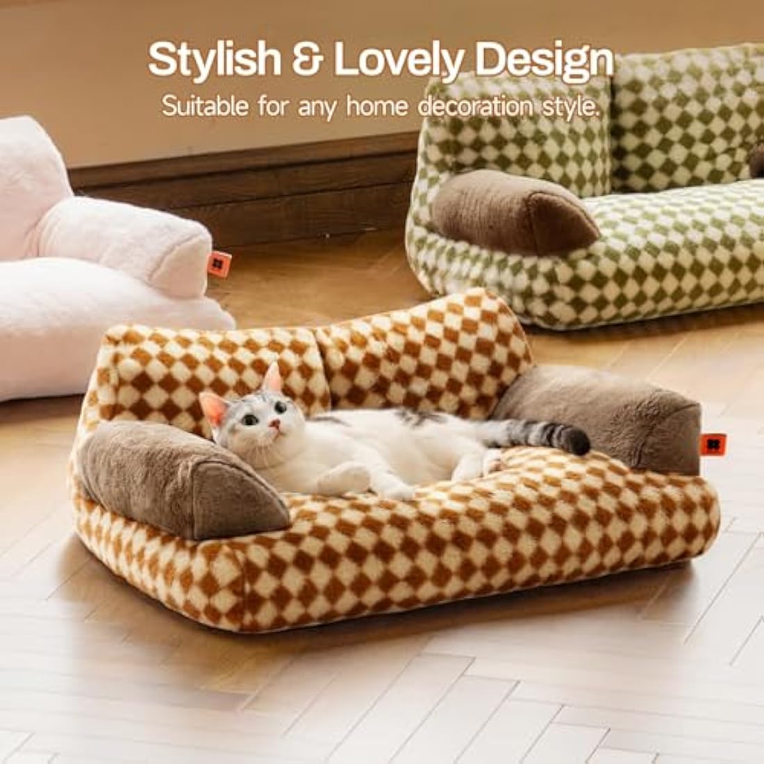 MEWOOFUN Stylish Cat Bed for Indoor Cars Large - Fluffy and Soft Cat Sofa Small Dog Sofa Bed for Dogs and Cats - 66x48cm Cute Pet Bed Couch with Non-slip Bottom, Brown