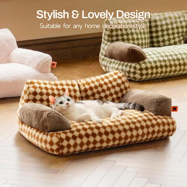 MEWOOFUN Stylish Cat Bed for Indoor Cars Large - Fluffy and Soft Cat Sofa Small Dog Sofa Bed for Dogs and Cats - 66x48cm Cute Pet Bed Couch with Non-slip Bottom, Brown