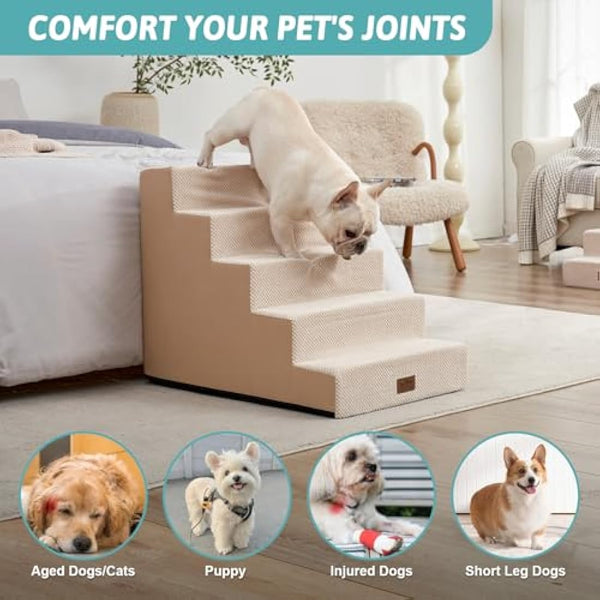 COZY KISS Wide Dog Stairs for Small Dogs, 19.7" Width Pet Stairs for High Bed Car, 60 cm High Non-Slip Dog Steps for Old Cats, Puppies, Small Medium Dogs, 75x50x60cm, 5 Tiers, Beige