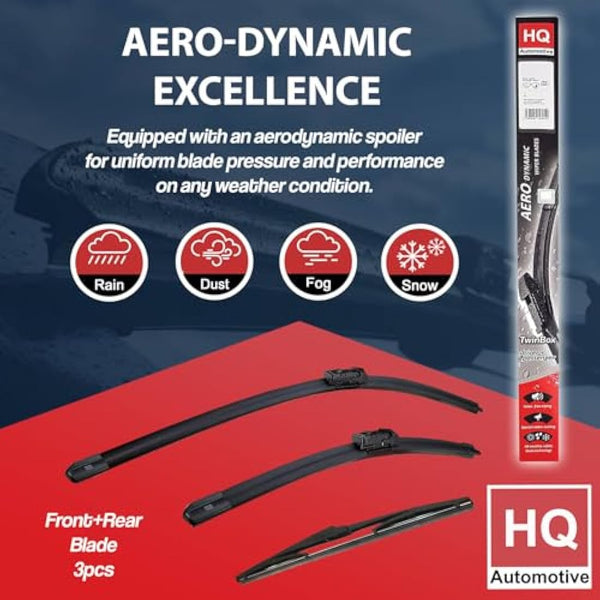 HQ Automotive Wiper Blades for Ford Focus Mk3 Turnier Estate (2011-2018) Front Rear Kit, Adr82-824|Hq12E