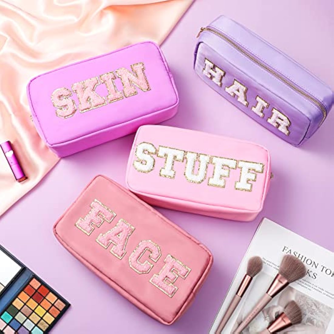 4 Pcs Preppy Makeup Bag Chenille Letter Nylon Cosmetic Bag Makeup Organizer Bag Toiletry Cosmetic Case Preppy Bag with Zipper Stuff Bag Cosmetic Pouch Makeup Pouch for Women Teen Girl, Mixed Colors