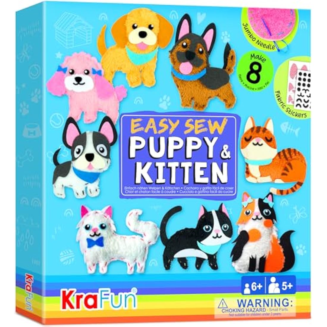 KRAFUN Easy Sewing Kit for Kids, Beginner Crafts with 8 DIY Stuffed Dolls (Puppies, Kittens, Dogs, Cats), Felt Materials, Instructions, Embroidery Supplies, Pre-Punched Fabric, Gift for Girls & Boys