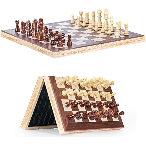 Syrace Magnetic Chess & Checkers Set Board Games, Wooden Foldable Hand Carved Portable Travel Chess Board Game Sets with Game Pieces & Storage Slots 15.74"