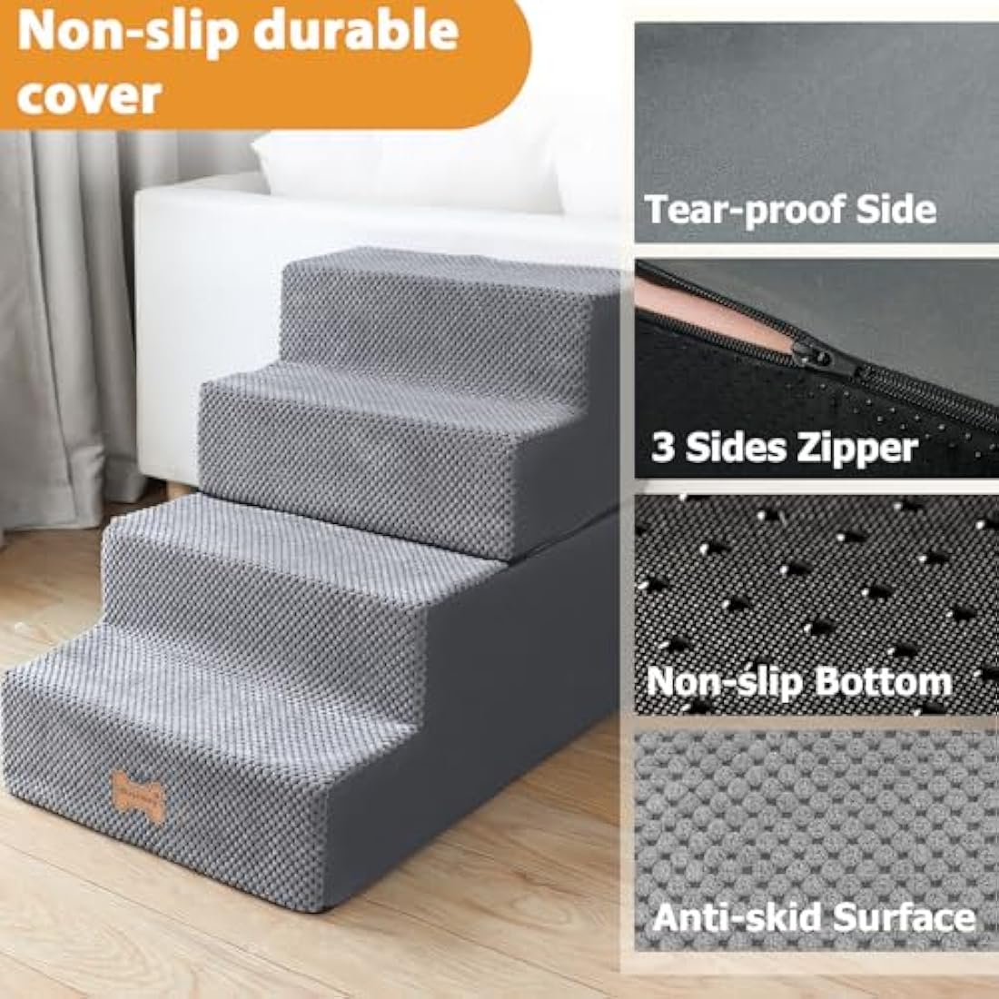 Nepfaivy Dog Steps Stairs for Bed - Non-Slip Pet Stairs for Small Dogs and Cats, 4-Steps Dog Ramp for Sofa with High Density Foam and Removable Cover, 61x40x45cm