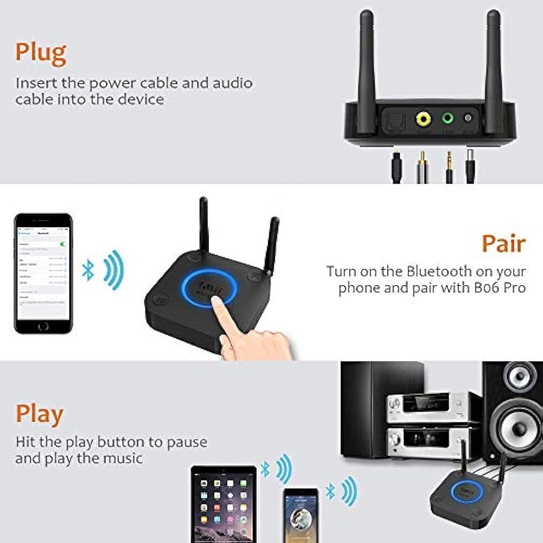 1Mii Long Range Bluetooth 5.1 Receiver with Volume Control, aptX HD Wireless Audio Receiver for HiFi, aptX Low Latency for Old Amp (RCA Digital Optical TOSLINK Coaxial)-B06 Pro