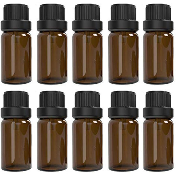 Alledomain 10Pcs, 10ml Essential Oils Amber Glass Bottles with Black Cap & 1 Dropper & 12 Labels Mini Empty Amber Bottle Refillable Sample Container for Massage oils/Aromatherapy/Perfume