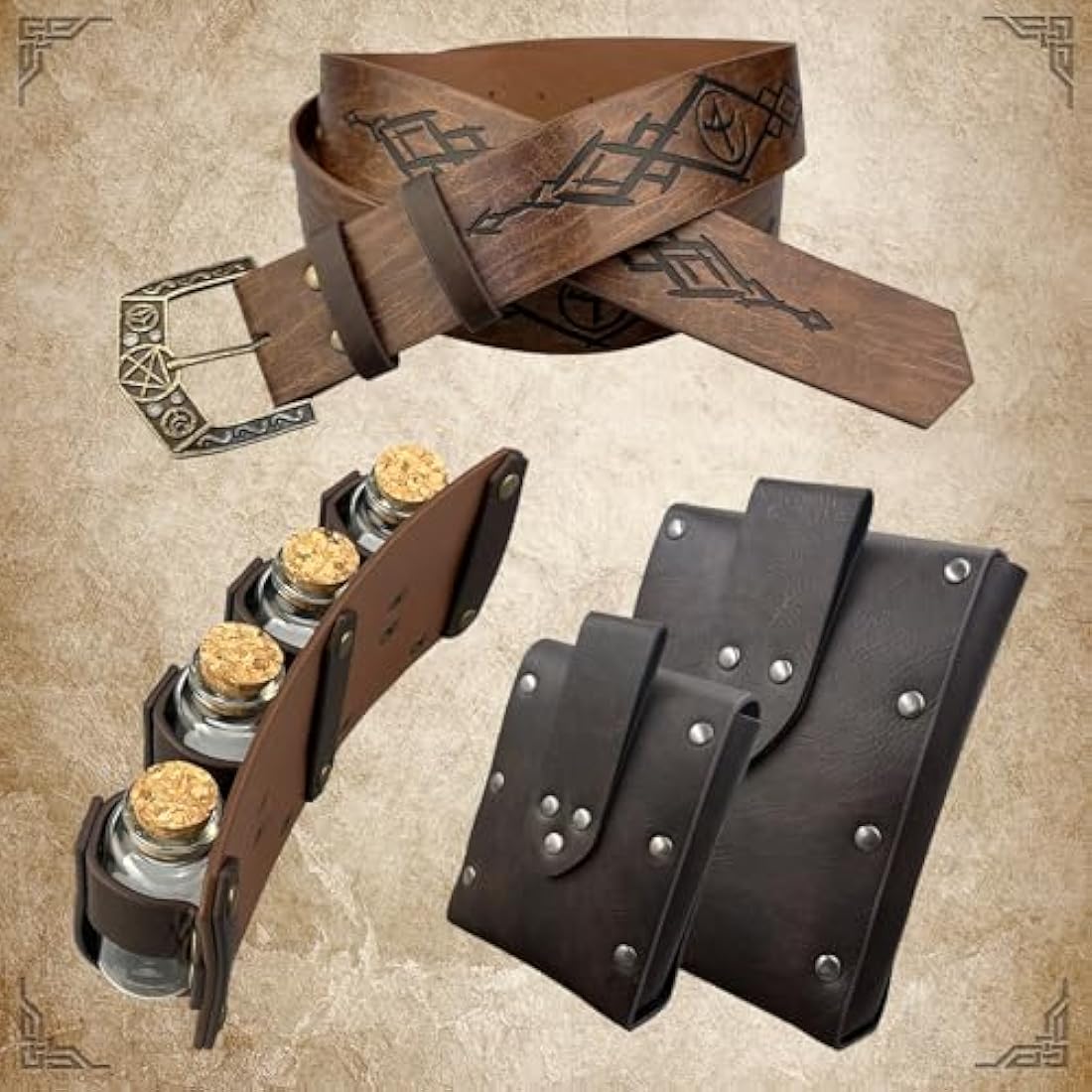 EpicCos 4 PCs Medieval Alchemy Belt Waist Pack Combo with Multiple Potion Bottles, Viking Rivet Belt Side Pouch for Cosplay (Brown B)